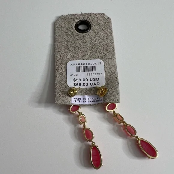 NWT ANTHROPOLOGIE Stone Drop Earrings Pink Peach Gold - Picture 4 of 5